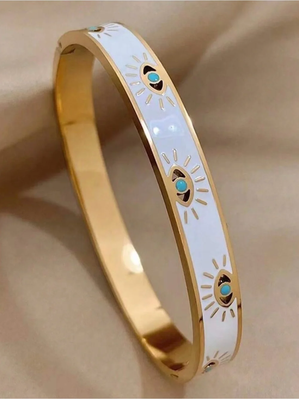 Gold-Tone White Enamel bracelet with Turquoise Sun Motif